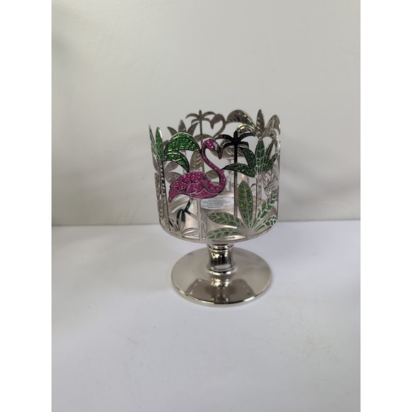 Bath & Body Works Pink Flamingos Palm Trees Pedestal 3-Wick Candle Holder Silver - Picture 1 of 6